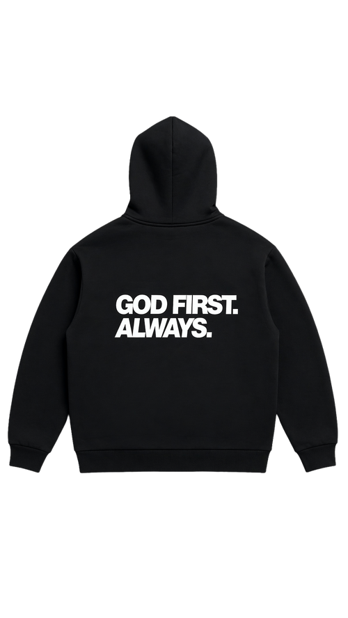 Christlicher Streetwear Hoodie mit der Aufschrift "God First Always"